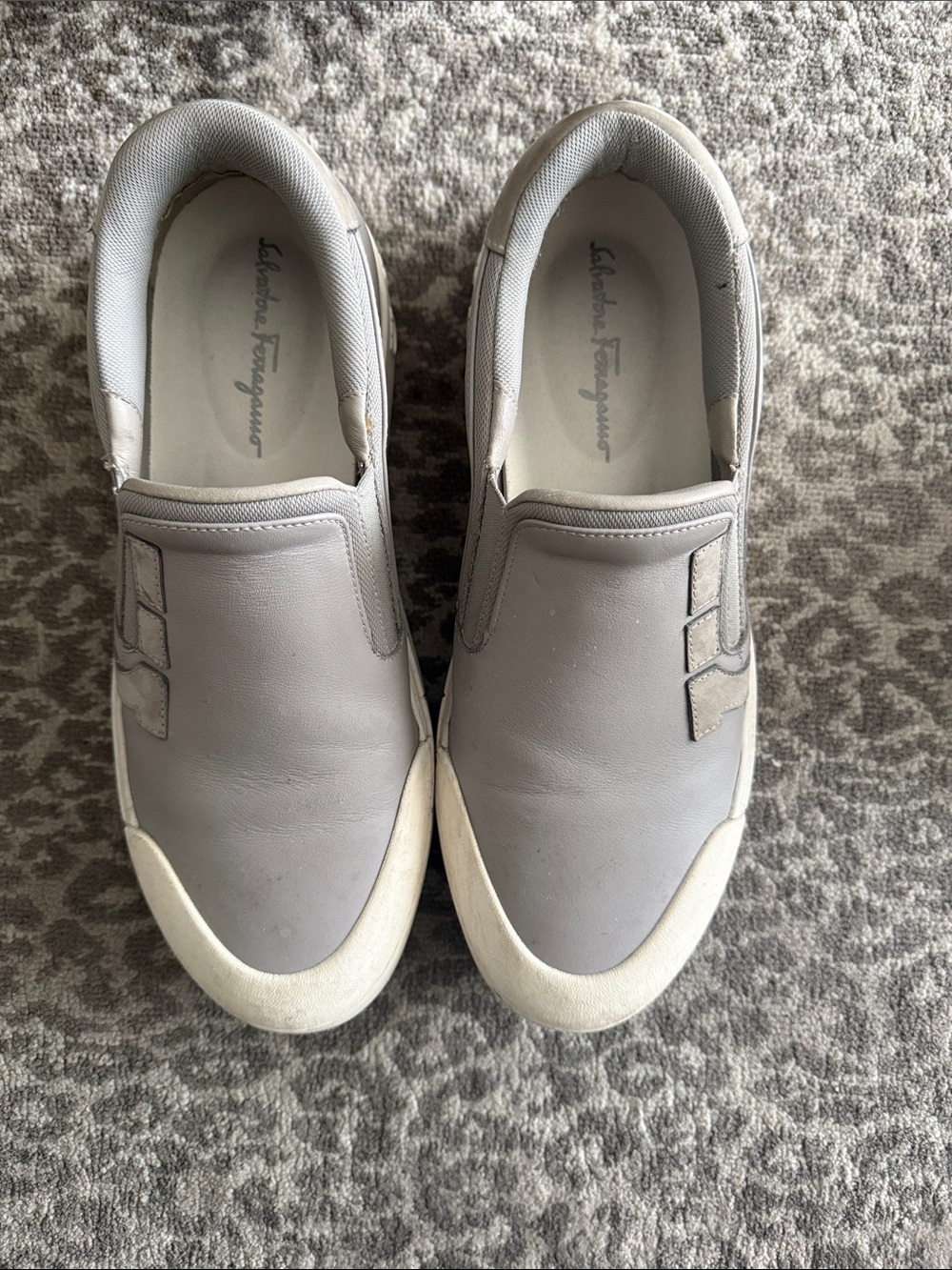 Salvatore Ferragamo Gray Leather Slip-On Sneakers with Cream Toe